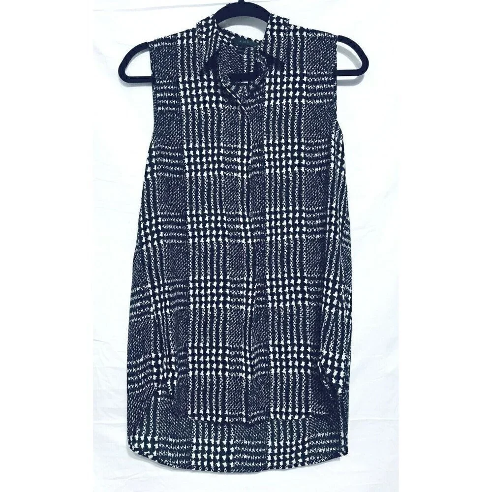 J Crew Top Womens 2 Graphic Plaid Sleeveless Button Up Tunic Black Blouse Tunic